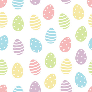 Easter egg seamless pattern vector background with cute colourful painted easter eggs in pastel colors with dots and stripes isolated on white background.