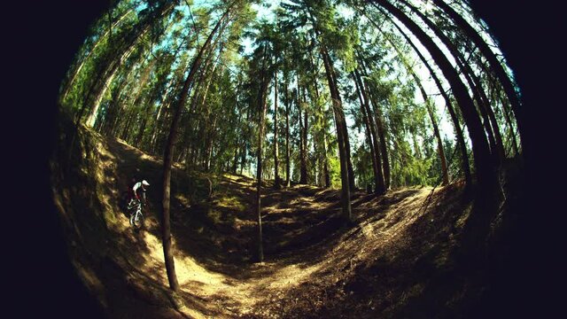 A man riding mtb down the hill in a forest in super slow motion, fisheye view