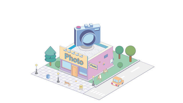 Vector isometric photo processing and printing shop building with photo studio