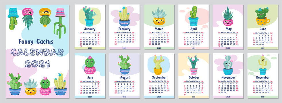 Calendar 2021. Stock vector. Fun and cute calendar with hand drawn succulents and cactus plants.