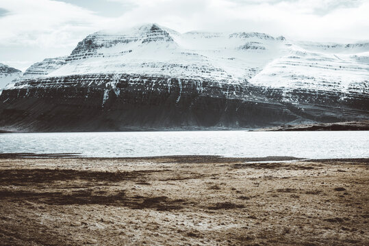 Lake in the winter. Fiord in Iceland.