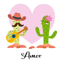 loving cactus with guitar with heart on white
