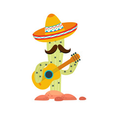 Mexico icons cactus in sombrero with guitar on white