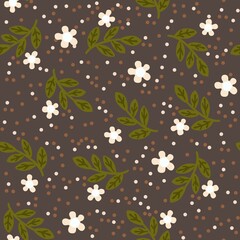 Seamless children's background with small flowers and branches. Creative kids urban texture for fabric, packaging, textile, wallpaper, clothing. Seamless pattern with creative decorative flowers 