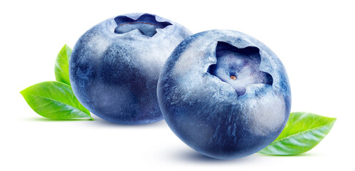 Two blueberries with leaves isolated on a white background with clipping path.