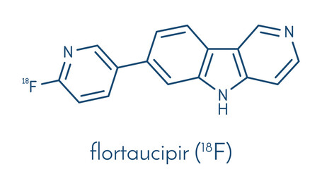 Flortaucipir (18F) diagnostic molecule. Radioactive diagnostic agent used for the imaging of tau pathology in Alzheimer's disease. Skeletal formula.