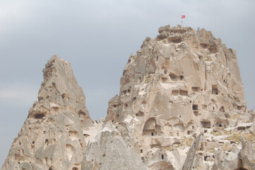 Ancient troglodyte village of Uchisar, in Cappadocia (Central Anatolia, Turkey). Fairy chimneys
