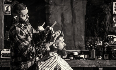 Barber scissors, barber shop. Vintage barbershop, shaving. Man hairstylist. Beard man in barbershop. Hairstylist serving client at barber shop, bearded.