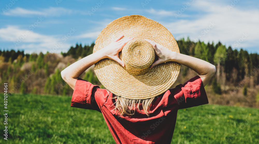 Sticker beautiful girl in red dress and hat have a carefree time on meadow