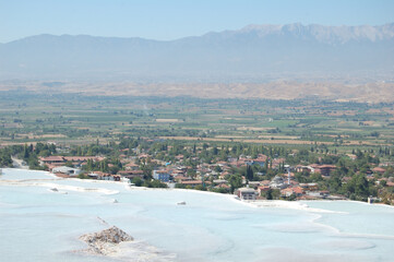 Ancient Roman baths of Pamukkale (Anatolia, Turkey). Next to the Roman ruins of Hierapolis. Natural terraces. 