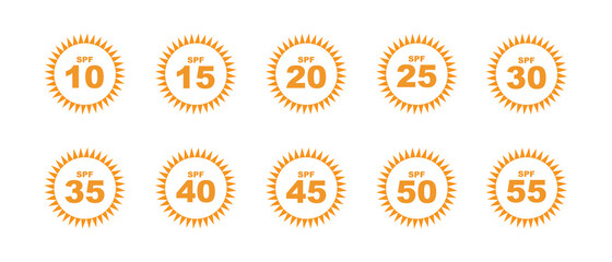 Set of SPF Protection Icons with Suns UV Block Symbols