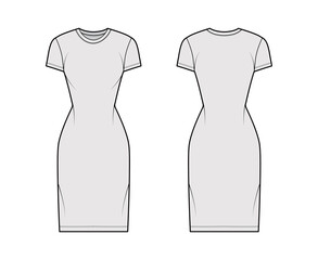 T-shirt dress technical fashion illustration with crew neck, short sleeves, knee length, slim fit, Pencil fullness. Flat apparel template front, back, grey color. Women, men, unisex CAD mockup