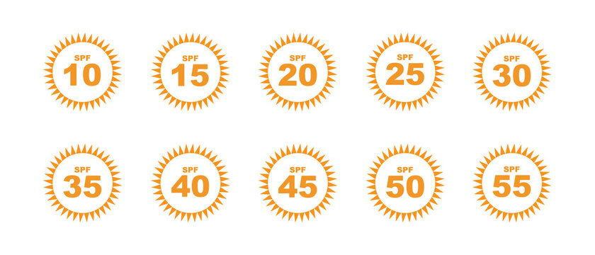 Set of SPF Protection Icons with Suns UV Block Symbols
