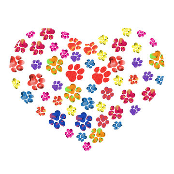 Heart silhouette with rainbow paw prints on transparent background. Hand drawn vector illustration.