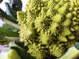 A whole green romanesco broccoli, raw, organic and healthy