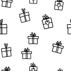 Gift box doodle seamless pattern. Present with ribbons texture drawings. Texture of holiday season presents. Christmas background.