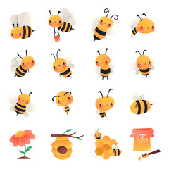 Fototapeta na wymiar Super Cute Cartoon Honey Bees Set