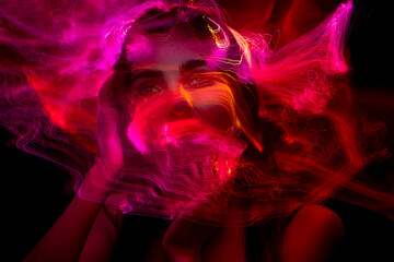 lightpainting portrait, new art direction, , light drawing at long exposure