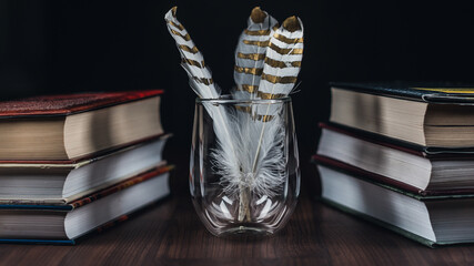 decorative concept with feathers in coffee glass, books and wooden hearts dark background