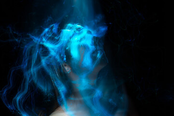 lightpainting portrait, new art direction, , light drawing at long exposure