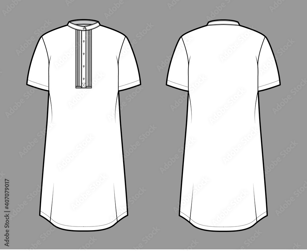 Poster Shirt kurta technical fashion illustration with short sleeves, embellished henley neck. Flat indian shalwar qameez tunic apparel outwear template front, back, white color. Women men unisex CAD mockup