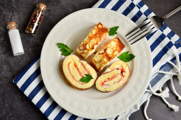 healthy pancakes with red fish on a white plate