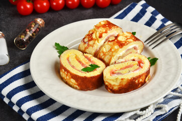 healthy pancakes with red fish on a white plate
