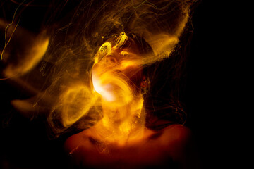 lightpainting portrait, new art direction, , light drawing at long exposure