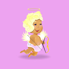 Squinting cupid on a pink background. valentine's day cupid holding an arrow and a bow in his hand