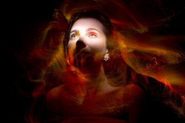 lightpainting portrait, new art direction, , light drawing at long exposure