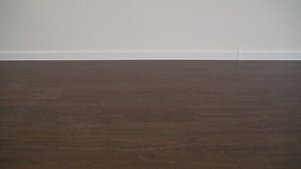 Close up of white plastic baseboards on dark oak wood flooring. The new apartment has black laminate and white basement. new and empty apartment with wooden floor, white walls.