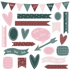 Valentines Day stickers set with love elements, hearts and shapes
