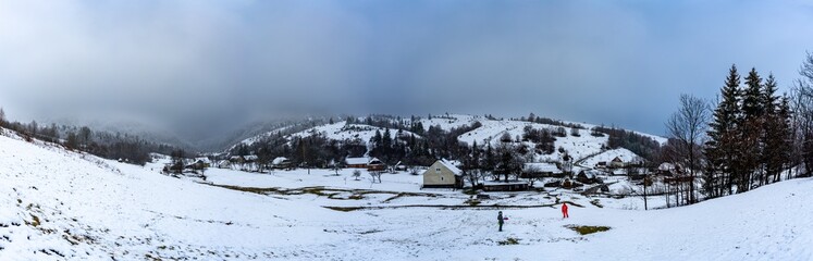 Panoramic view on Nord-East slopes of Polonina Borzhava from Tiuska village, Carpathian mountains, Ukraine