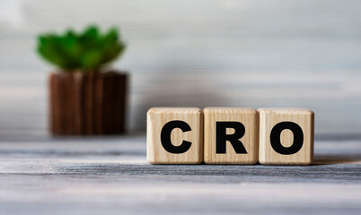 CRO - word on wooden cubes against the background of a light board with beautiful divorces and a...