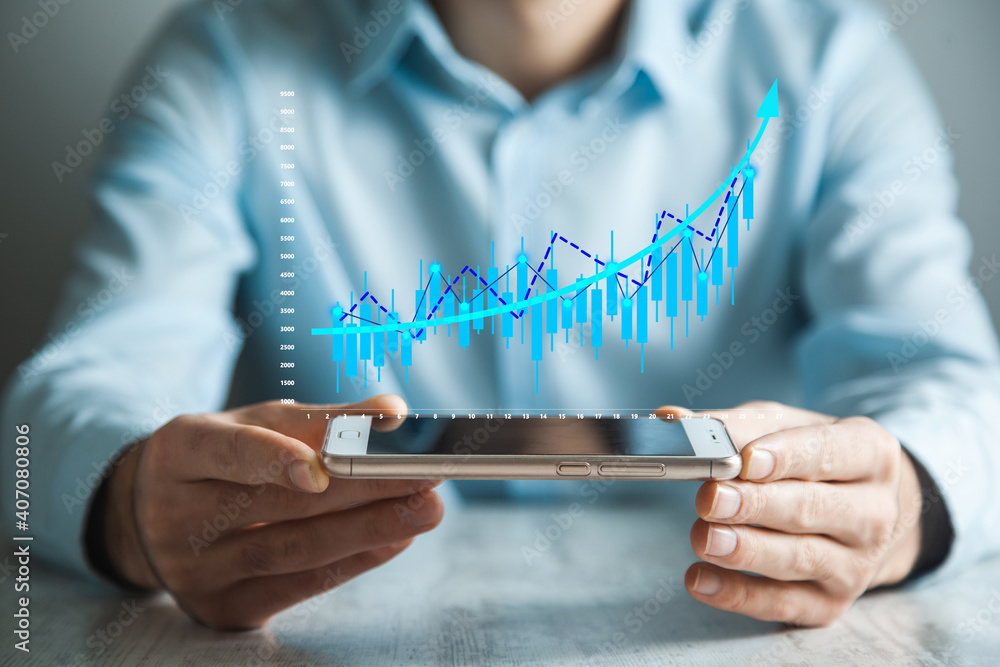 Poster man using smart phone with business growth