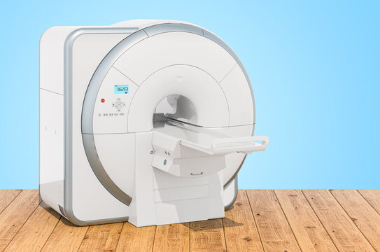 MRI Magnetic Resonance Imaging Scanner on the wooden planks, 3D rendering