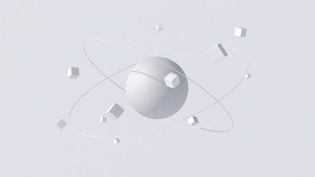 Big white textured sphere and orbiting cubes. Abstract animation, 3d render.