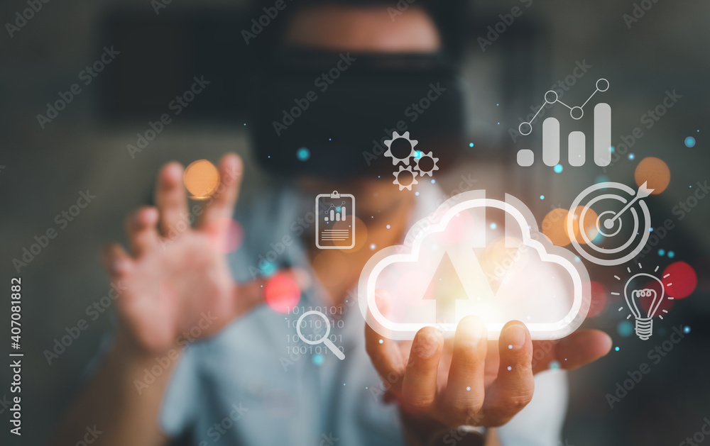 Aufkleber man wearing VR glasses and accessing the Cloud Computing Technology Internet Storage Network Concept And a large database big data Through internet technology.