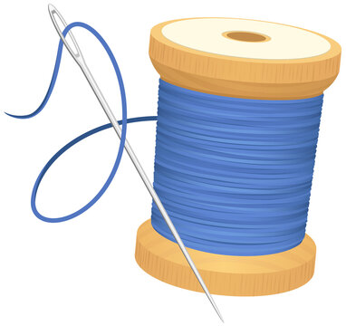 Vector illustration of a spool of blue thread and a sewing needle.