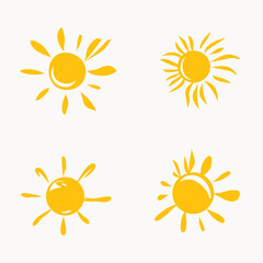 Set of painted yellow suns. Vector solar symbols set.