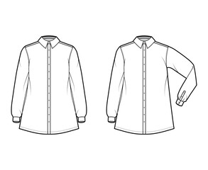 Shirt trapeze technical fashion illustration with elbow folded long sleeves with cuff, classic regular collar, oversized. Flat apparel top outwear template front white color. Women blouse CAD mockup