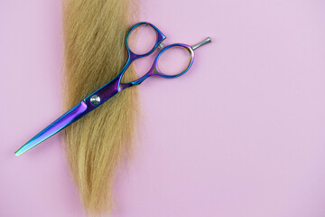 Professional hair dresser tools with copy space on trendy pink background. Stylist equipment set....