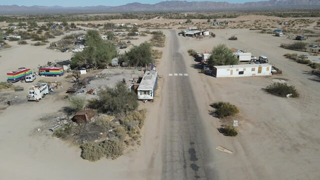 aerial view of Slab City, an unincorporated, off-the-grid squatter community consisting largely of snowbirds in the Salton Trough area of the Sonoran Desert, California, USA. January 16th, 2020