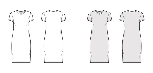 T-shirt dress technical fashion illustration with crew neck, short sleeves, knee length, oversized, Pencil fullness. Flat apparel template front, back, white, grey color. Women, men, unisex CAD mockup