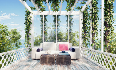Summer white garden terrace design with modern furniture overlooking the open blue sea 3D Rendering
