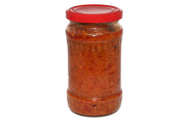 Ratatouille made at home in an old jar isolated on a white background