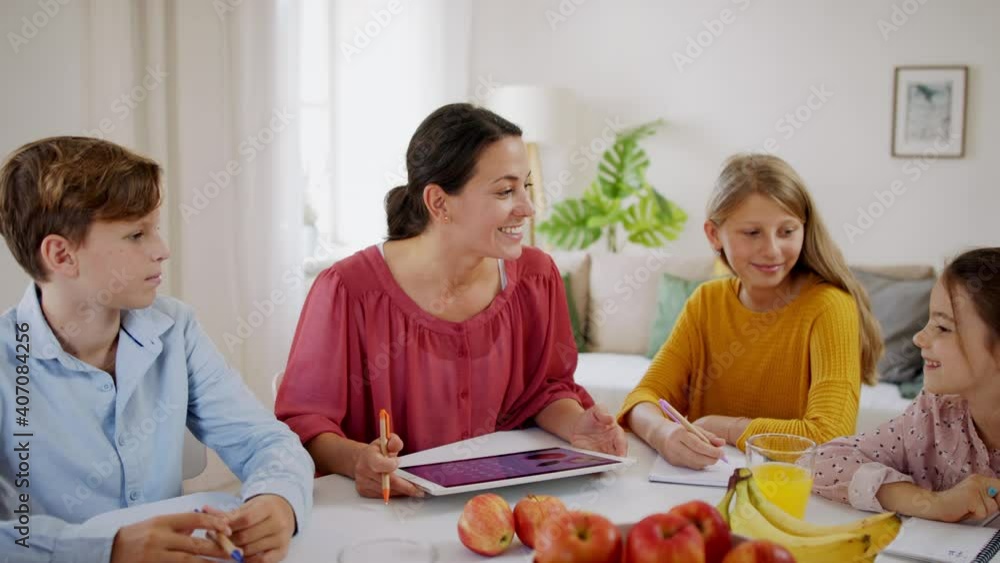 Wall mural Group of homeschooling children with teacher studying indoors, coronavirus concept.