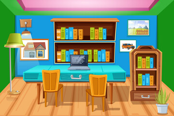 Books in bookcase. Library reading room in Cartoon style