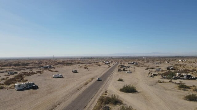 aerial view of Slab City, an unincorporated, off-the-grid squatter community consisting largely of snowbirds in the Salton Trough area of the Sonoran Desert, California, USA. January 16th, 2020
