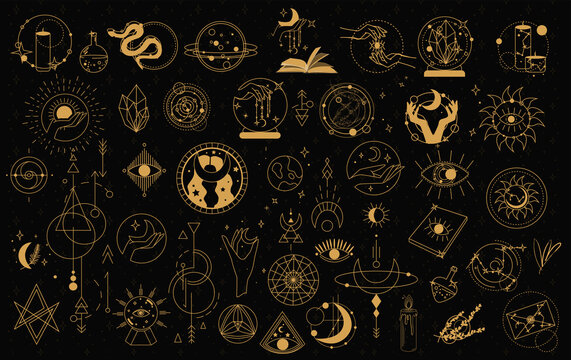 Witch Magic, Mystical and Astrology objects symbols. Doodle esoteric, boho mystical hand drawn elements. Magic and witchcraft, witch esoteric alchemy. Isolated Minimalistic objects.Vector illustration